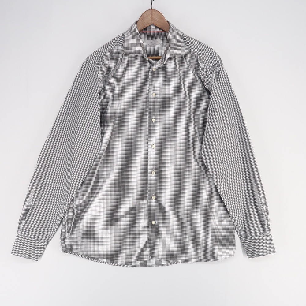 Eton‎ York Shirt Mens 46 18 Black Check Contemporary Fit Long Sleeve Button Up